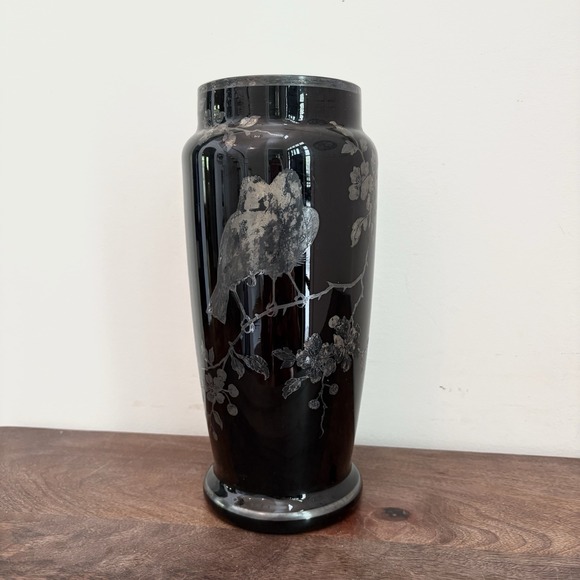 VTG Art Deco Bohemian Czech Glass Vase Black Etched Birds Flowers Silver Overlay - Picture 1 of 12